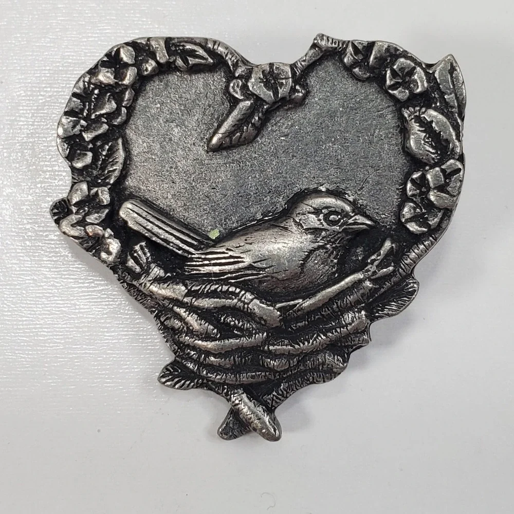 Vintage Birds & Blooms Pewter Heart with Bird in a Nest Brooch Pin Jewelry